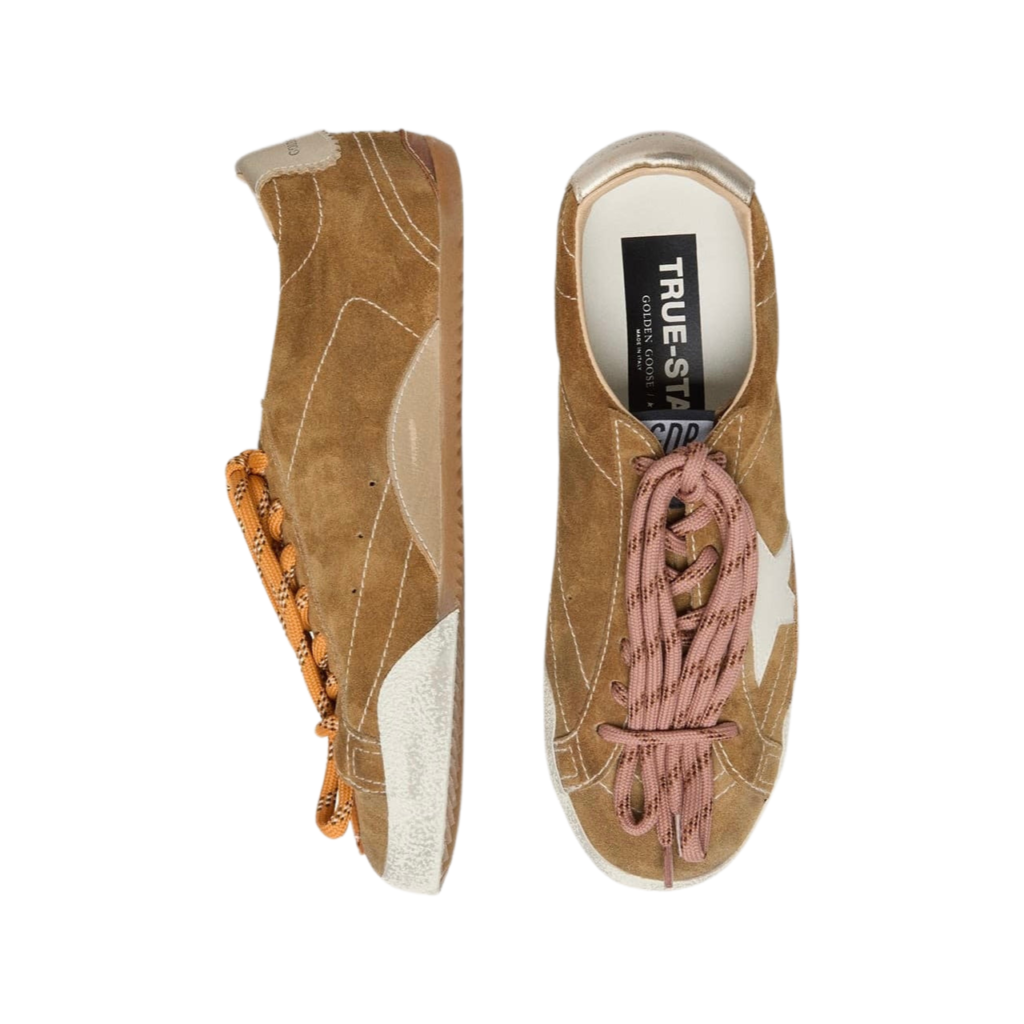 Golden Goose True-Star in tobacco-colored suede with white star and platinum heel tab(Women's)