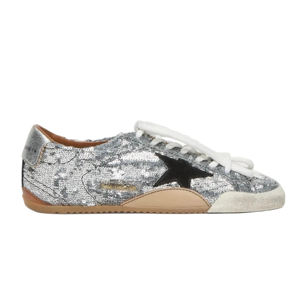 Golden Goose True-Star in silver sequins with black star and silver leather heel tab(Women's)