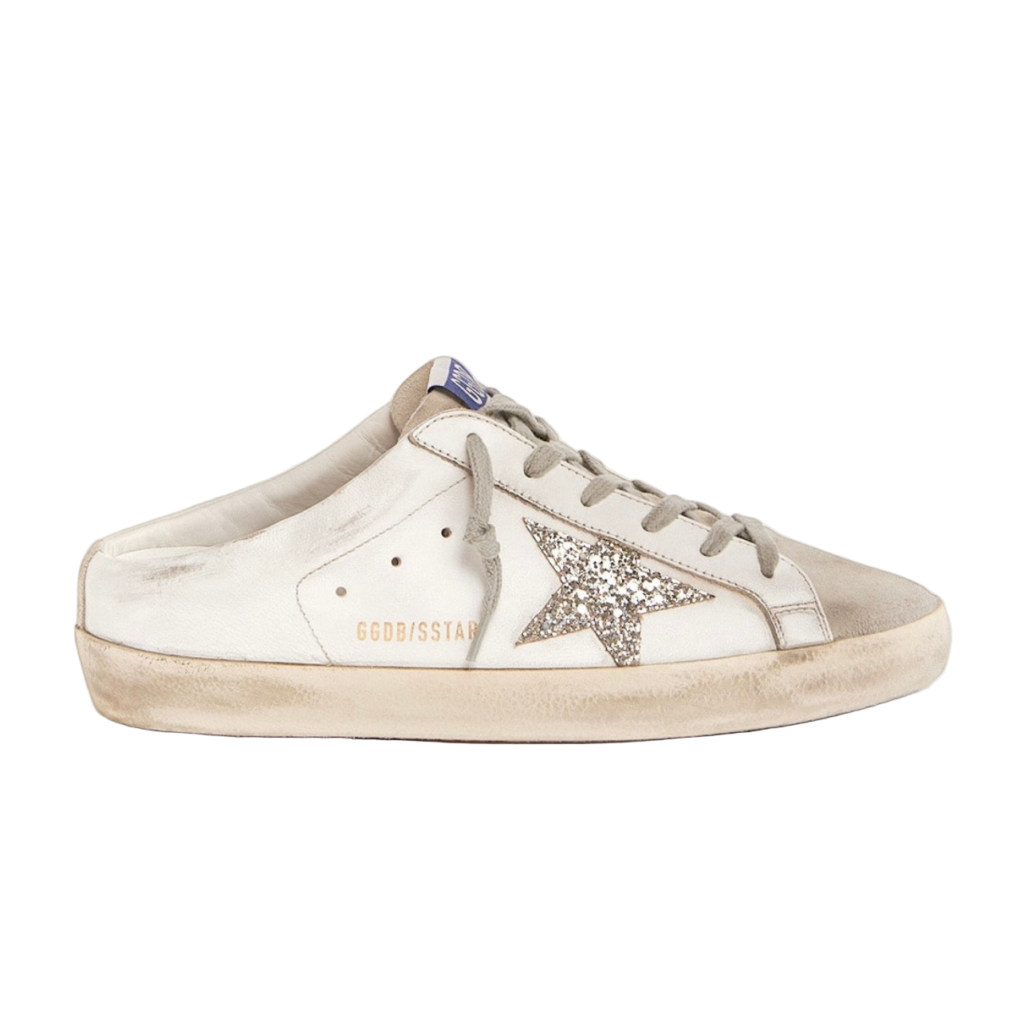 Golden Goose Super-Star Sabot with a platinum glitter star and suede tongue(Women's)