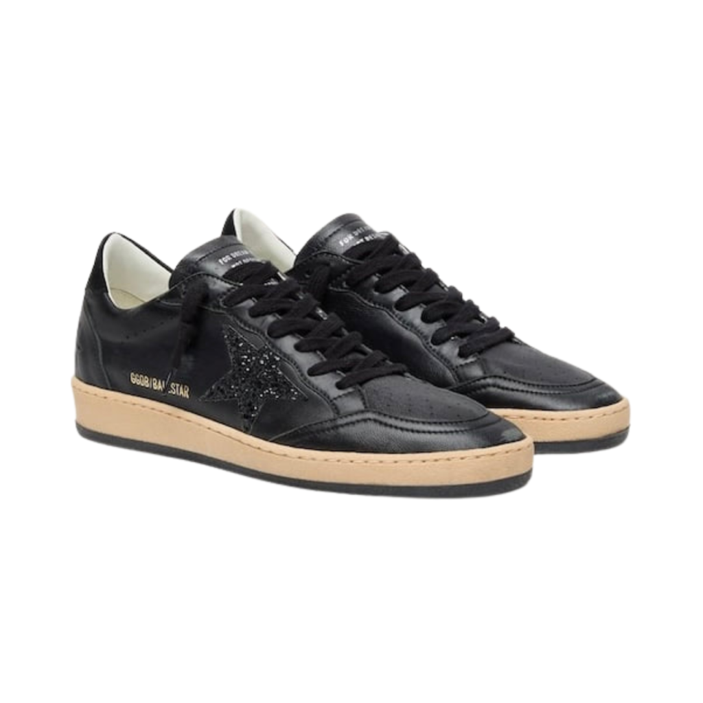 Golden Goose Ball Star in black nappa with black glitter star and suede heel tab(women)